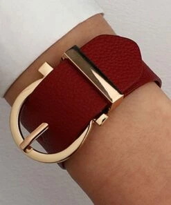 Coupon 🤩 Don't AsK Red Faux Leather Buckle Bracelet For 👩 Women 🎁