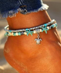 Buy 🤩 Don't AsK Teal Starfish & Turtle Beaded Anklet Set For 👩 Women 😍
