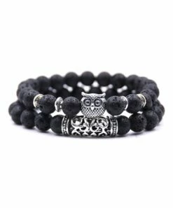 Wholesale 😉 Don't AsK Black Silvertone Owl Beaded Bracelet Set For 👩 Women 👍