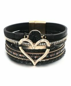 Buy ⭐ Don't AsK Black Faux Leather & Goldtone Heart Layered Bracelet For 👩 Women ✔️