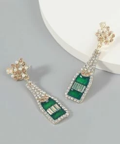 Outlet 🔔 Don't AsK Green Crystal & Imitation Pearl Pavé Champagne Bottle Drop Earrings For 👩 Women 😀
