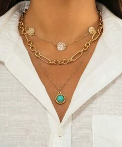 Outlet 🔔 Don't AsK Teal & Goldtone Circle Pendant Necklace Set For 👩 Women 👏