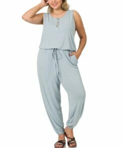 Brand new 🥰 Ash Blue Button-Front Sleeveless Pocket Jumpsuit - Plus For 👩 Women 🧨