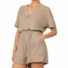 Coupon 👏 Ash Mocha V-Neck Drop-Shoulder Short-Sleeve Pocket Romper - 👩 Women 🎉 -Don"t AsK Shop zu106239670 main tm1654881855