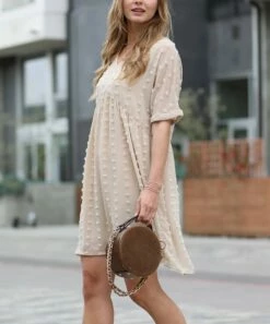 Outlet 🧨 42POPS Ash Mocha Swiss Dot V-Neck Babydoll 👗 Dress - 👩 Women 🤩