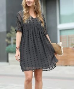 Best deal 👍 42POPS Ash Grey Swiss Dot V-Neck Babydoll 👗 Dress - 👩 Women 👍