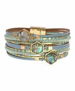 Best Pirce ❤️ Don't AsK Green & Faux Paua Hexagon Multi-Strand Faux Leather Bracelet For 👩 Women ✨