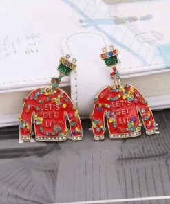 Discount ⭐ Don't AsK Red & Goldtone Ugly ❄ Christmas Sweater 'Lets Get Lit' Drop Earrings For 👩 Women 👍