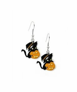 Best Pirce 🧨 Don't AsK Black & Orange Cat & Jack-o'-Lantern Drop Earrings For 👩 Women 🔥