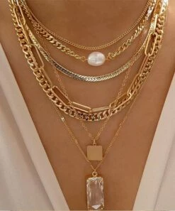 Flash Sale 👏 Don't AsK Crystal & Imitation Pearl Rectangle Solitaire Layered Necklace For 👩 Women ❤️