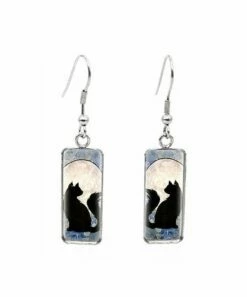 Promo 🎉 Don't AsK Black & Silvertone Cat Moon Rectangle Drop Earrings For 👩 Women 😀