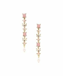 Buy 🔔 Don't AsK Pink Crystal & Goldtone Geometric Long Drop Earrings For 👩 Women ⭐