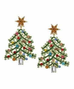 Discount 🔔 Don't AsK Green Crystal & Goldtone Star-Topped Tree Drop Earrings For 👩 Women ✨