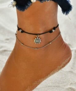 Best Sale ✔️ Don't AsK Black & Silvertone Cord Sun Charm Anklet Set For 👩 Women ❤️