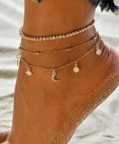 Budget 🔔 Don't AsK Crystal & Goldtone Sun & Moon Anklet Set For 👩 Women 🤩