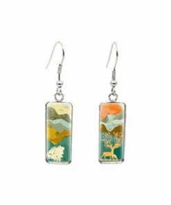 Hot Sale 😍 Don't AsK Green & Orange Rectangle Abstract Landscape Drop Earrings For 👩 Women 🛒