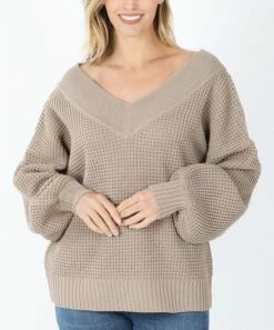 Coupon ⭐ Ash Mocha V-Neck Balloon-Sleeve Waffle Sweater - 👩 Women 😍