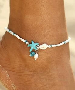 Budget 🎉 Don't AsK Imitation Pearl & Blue Crystal Starfish Beaded Stretch Anklet For 👩 Women 🌟