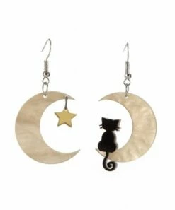 Wholesale 🧨 Don't AsK Black Cat & Goldtone Crescent Moon Asymmetrical Drop Earrings For 👩 Women 😍