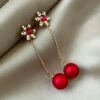 Hot Sale 🔥 Don't AsK Goldtone & Red Imitation Pearl Snowflake Drop Earrings For 👩 Women 🎁