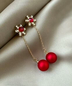 Hot Sale 🔥 Don't AsK Goldtone & Red Imitation Pearl Snowflake Drop Earrings For 👩 Women 🎁