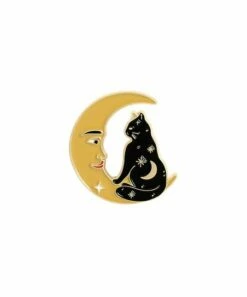 Discount 🎉 Don't AsK Black & Goldtone Crescent Moon Cat Brooch For 👩 Women 👍