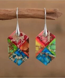 Brand new 😍 Don't AsK Rainbow Jasper & Silvertone Geometric Drop Earrings For 👩 Women ✔️
