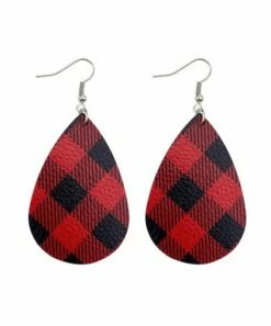 Wholesale 😍 Don't AsK Red & Black Plaid Faux Leather Teardrop Earrings For 👩 Women ⭐