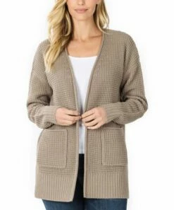 Cheapest 🎁 Ash Mocha Waffle-Knit Side-Slit Pocket Cardigan Sweater - 👩 Women 😍